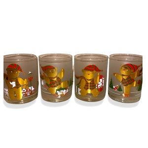 Culver Rocks Set of 4 Christmas Bear: High Ball Glasses: Frosted: 22 KT Gold Rim